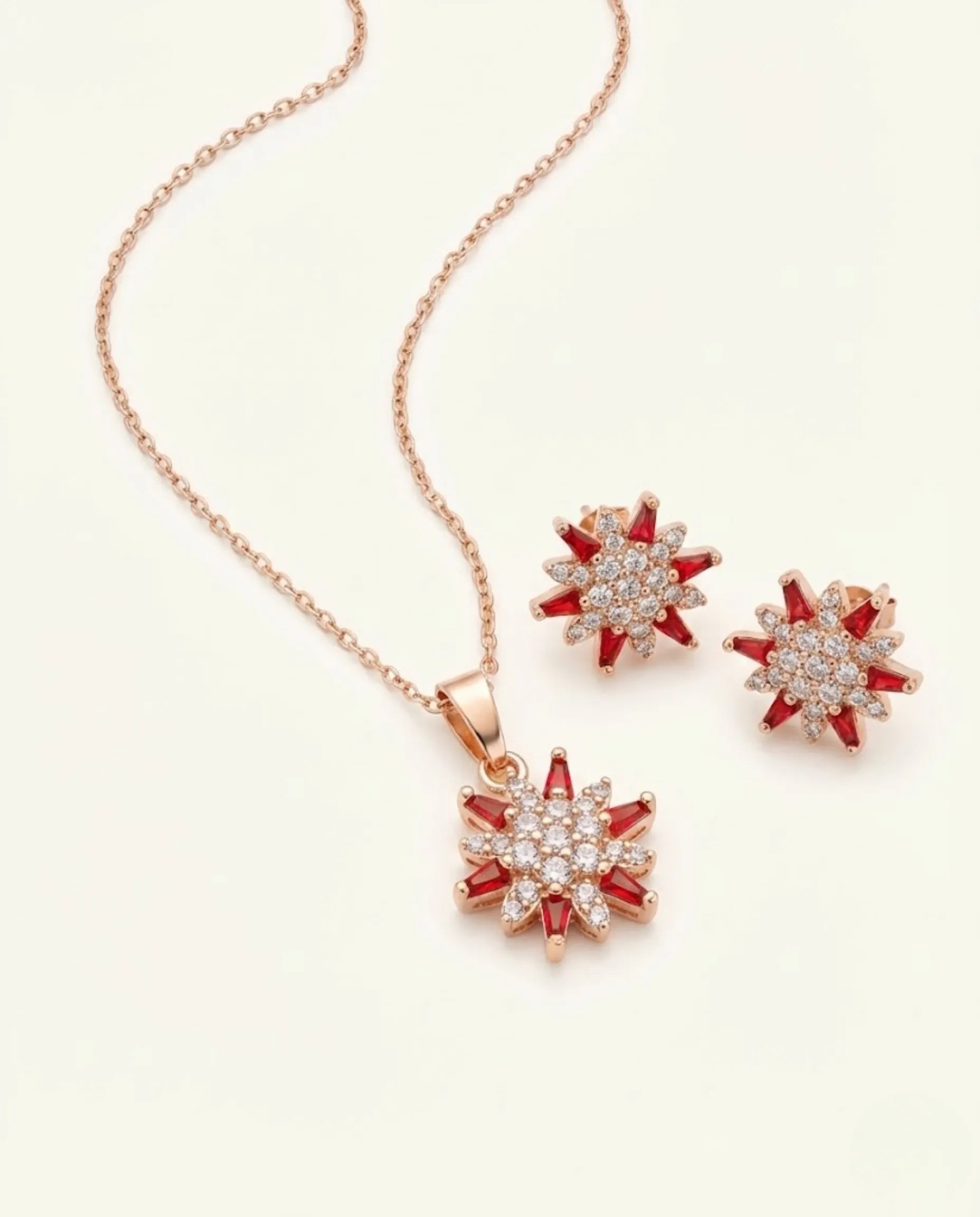 Orneza Royal Crimson Star Pendant and Earrings Jewelry Set