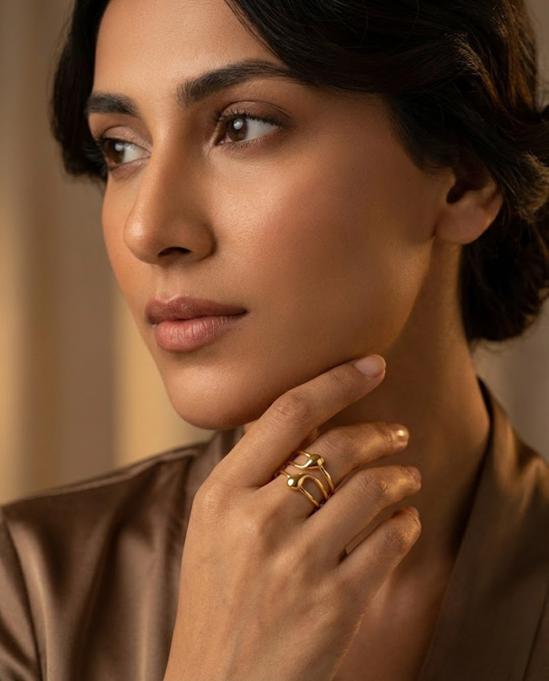 Orneza Gold Plated Twin Teardrop Triple Band Statement Ring