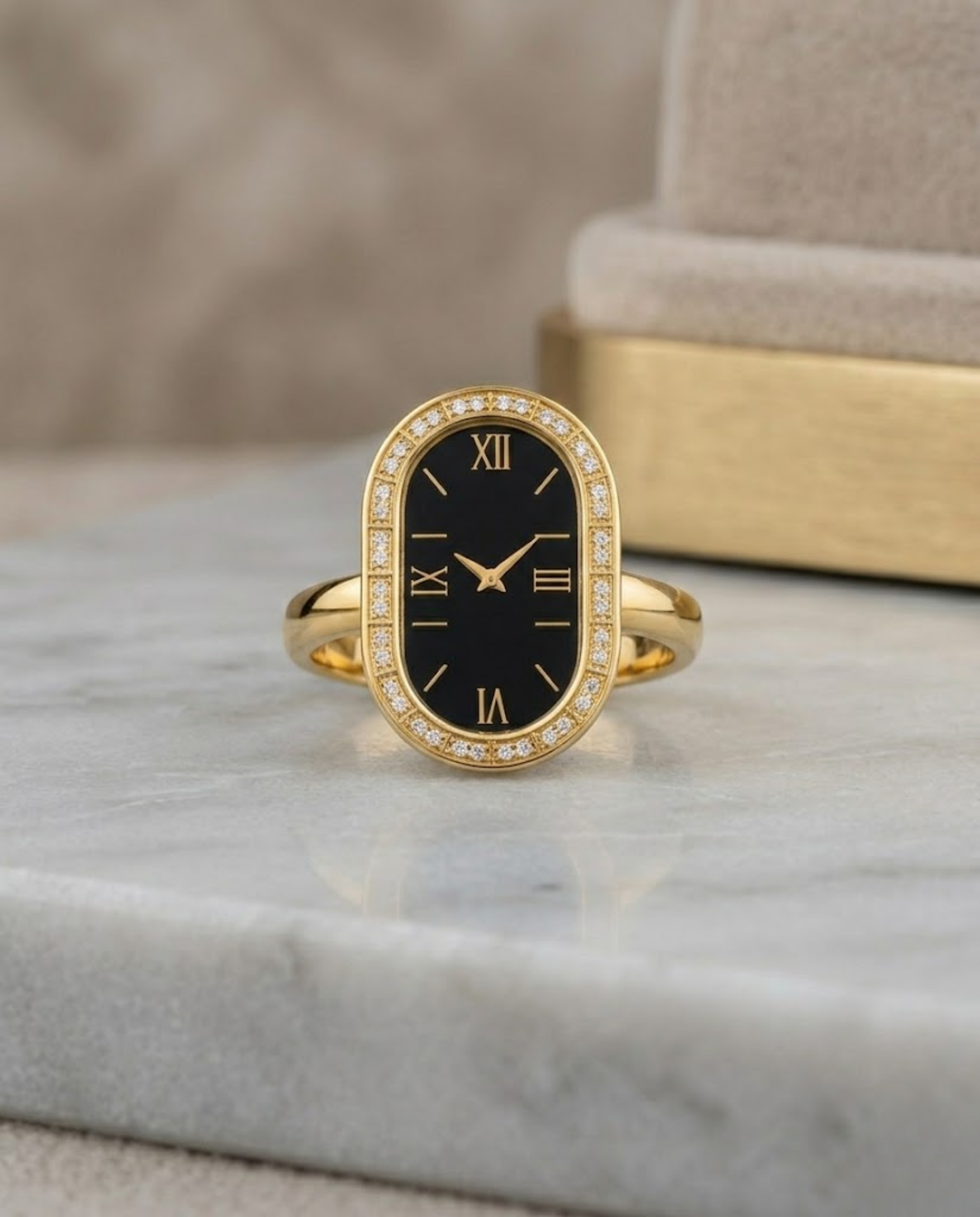 Orneza Vintage Roman Numeral Gold Watch Ring with Black Dial