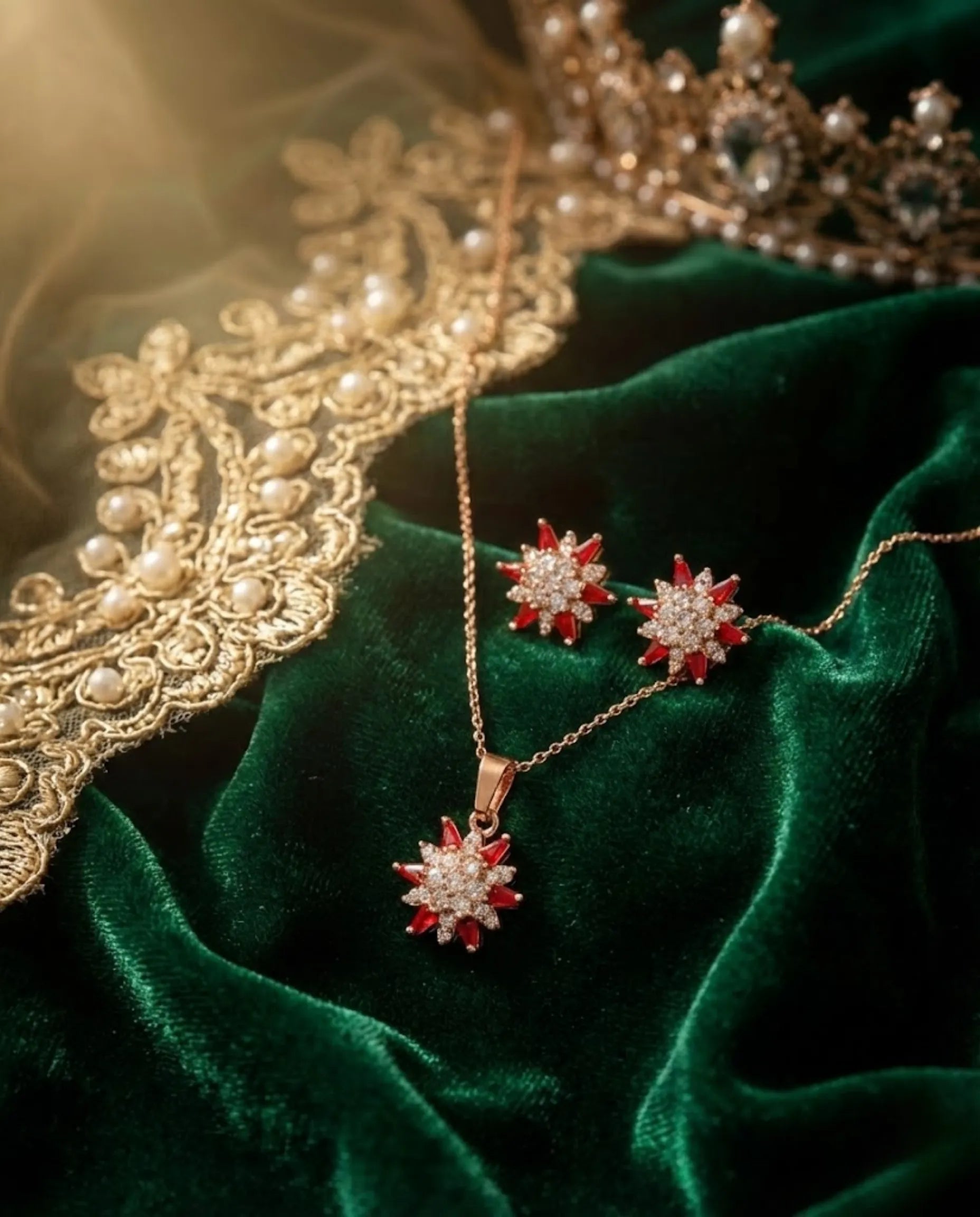 Orneza Royal Crimson Star Pendant and Earrings Jewelry Set