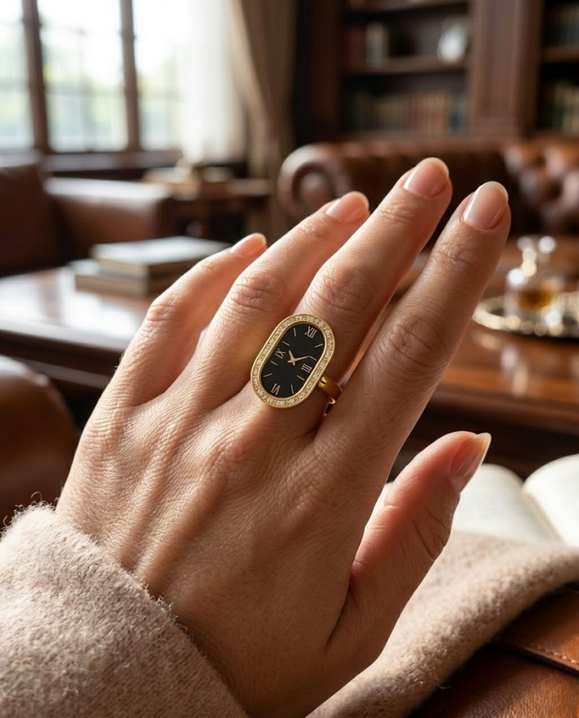 Orneza Vintage Roman Numeral Gold Watch Ring with Black Dial