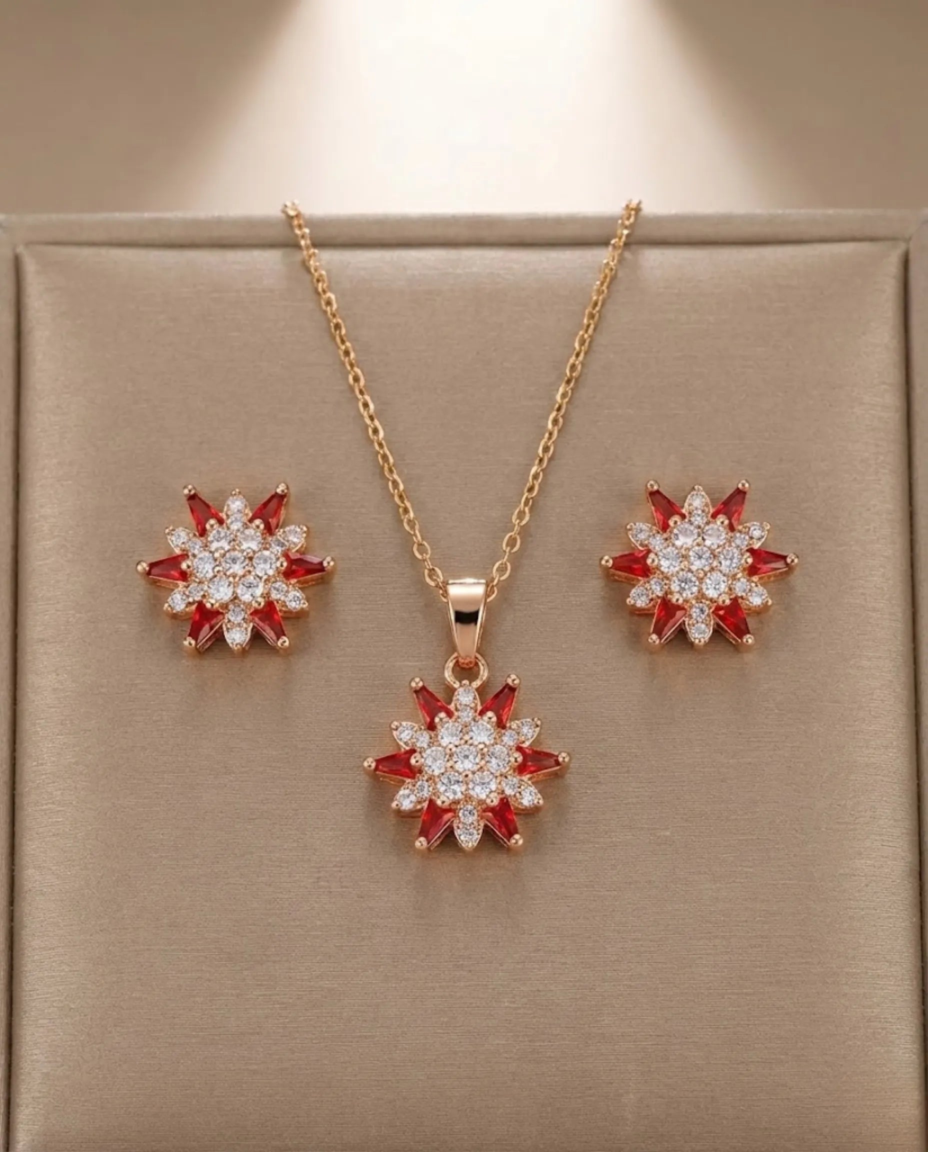 Orneza Royal Crimson Star Pendant and Earrings Jewelry Set