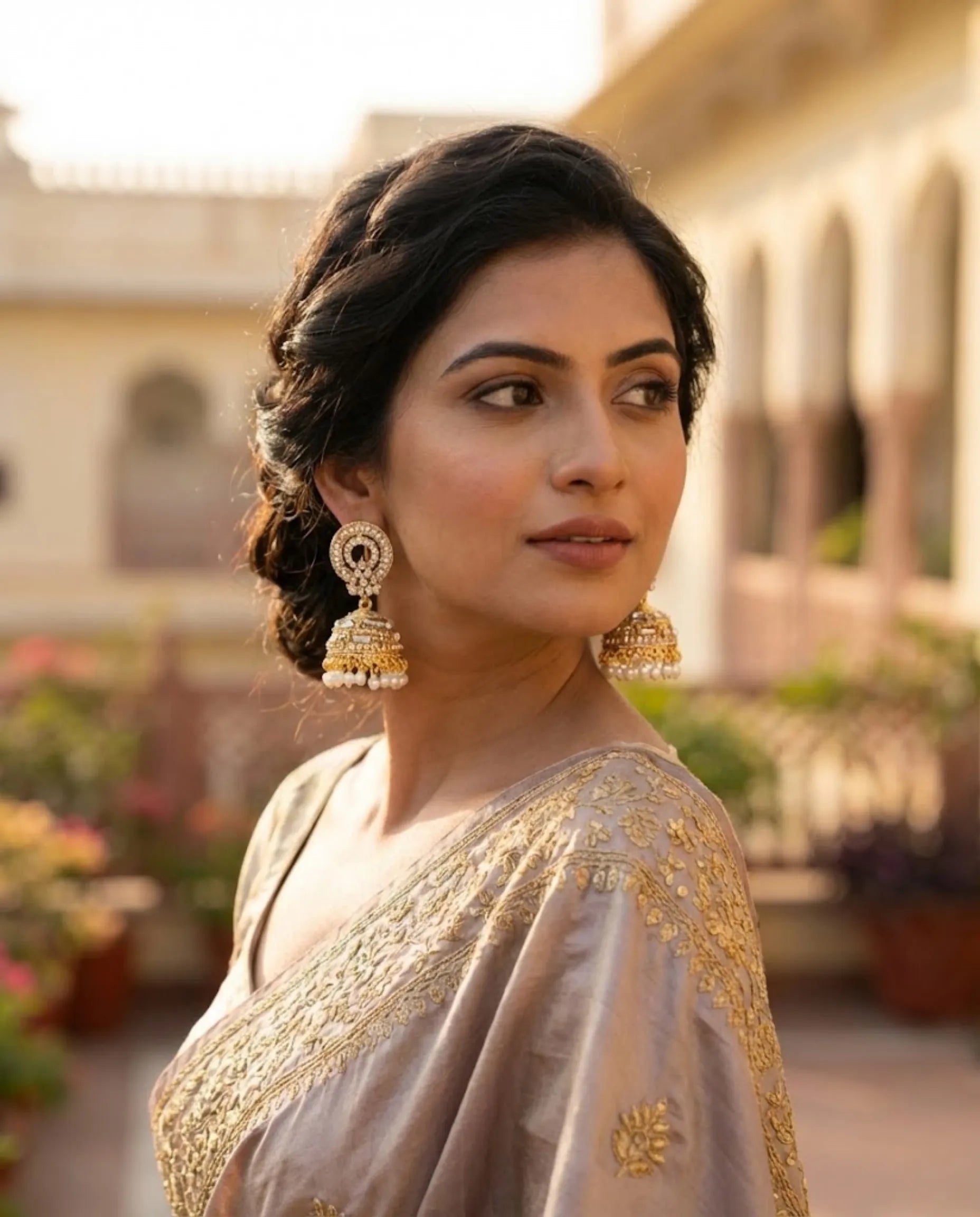 Orneza Gold Zircon Studded Jhumka Earrings with Pearls