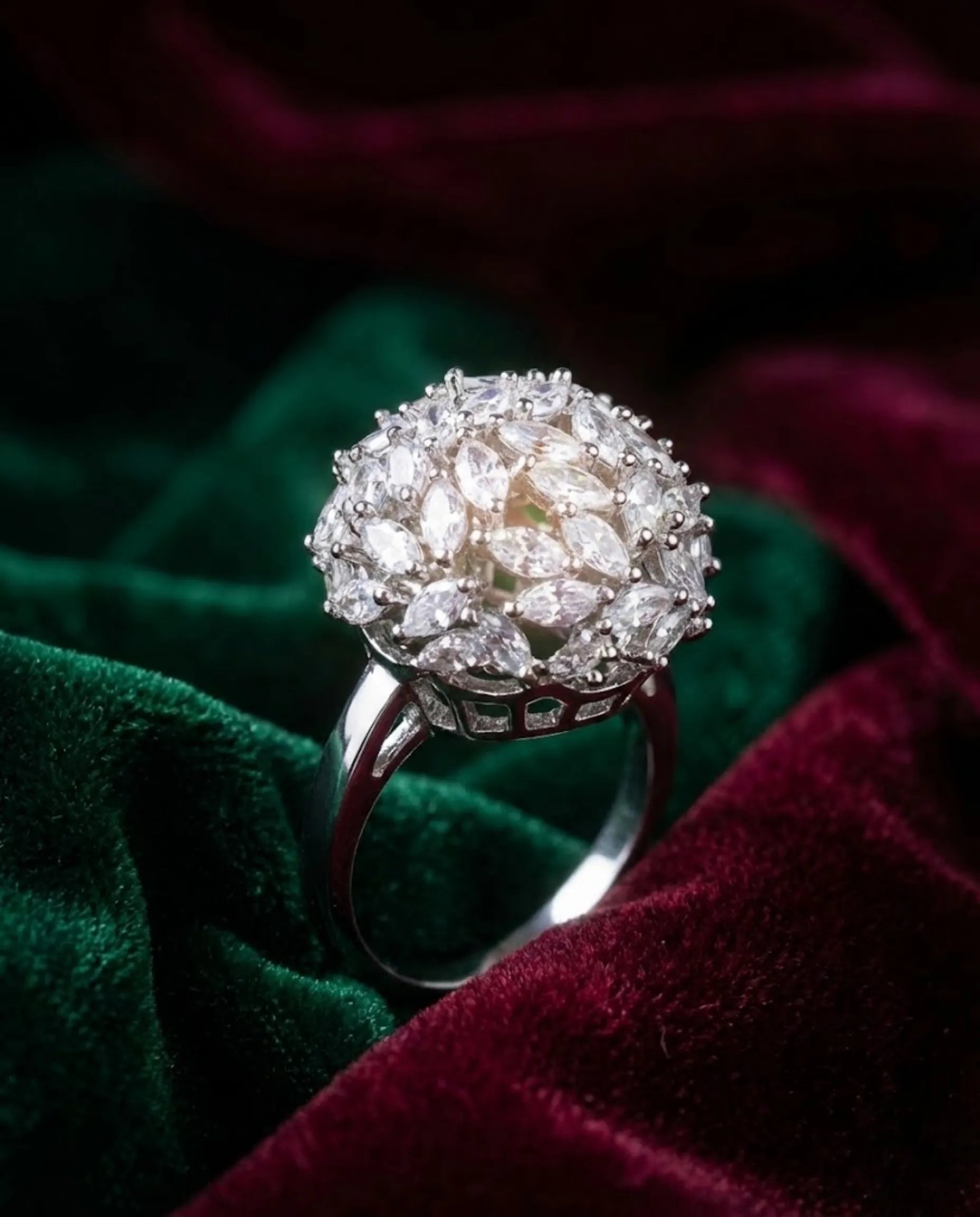 Orneza Marquise Stellar Silver Cluster Statement Ring