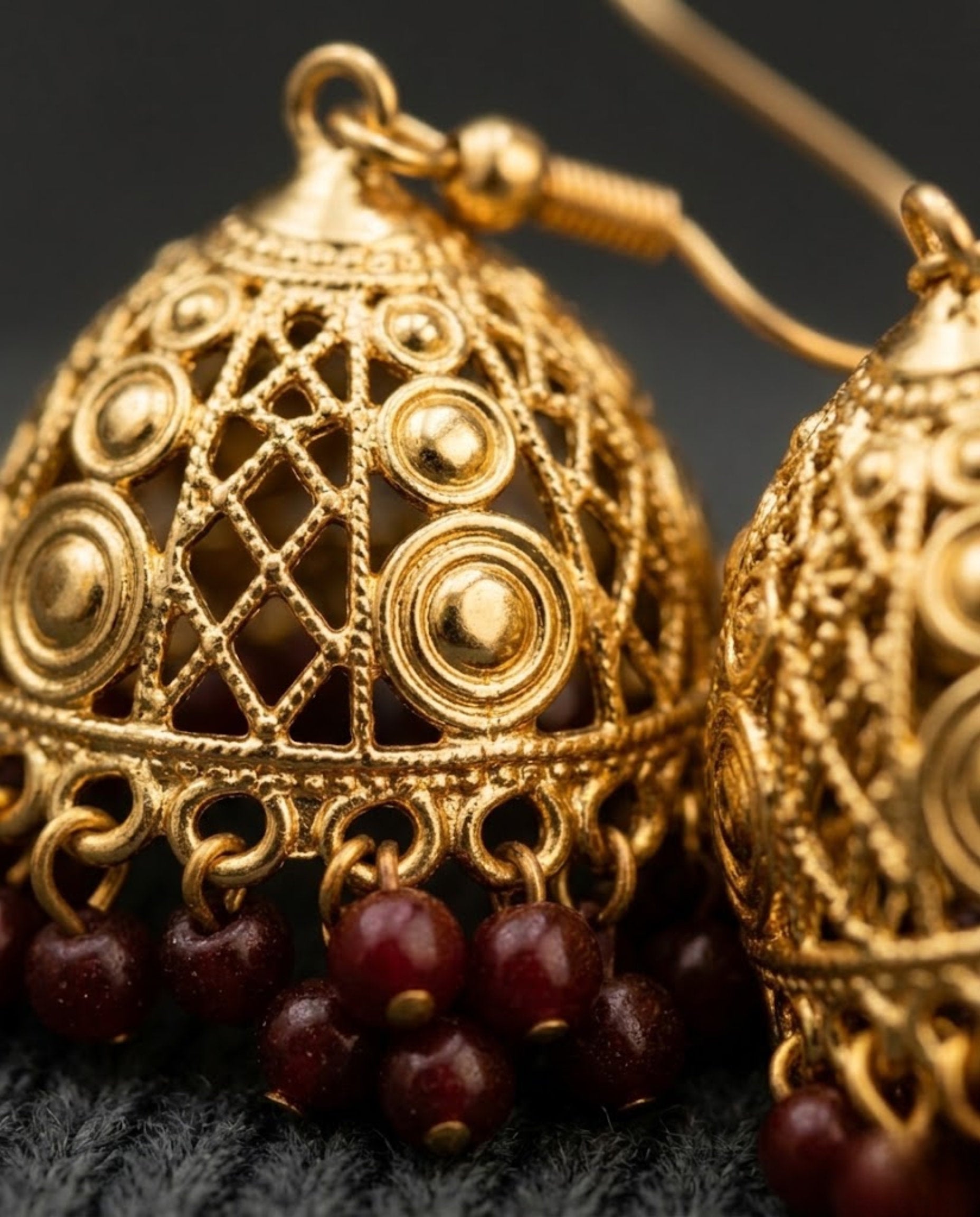 Orneza Gold Filigree Jhumka Earrings with Ruby Red Beads