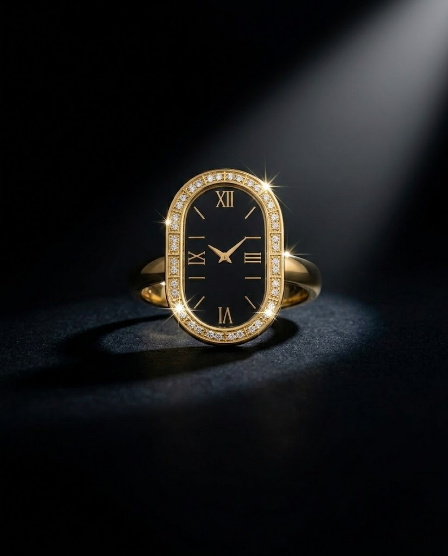 Orneza Vintage Roman Numeral Gold Watch Ring with Black Dial