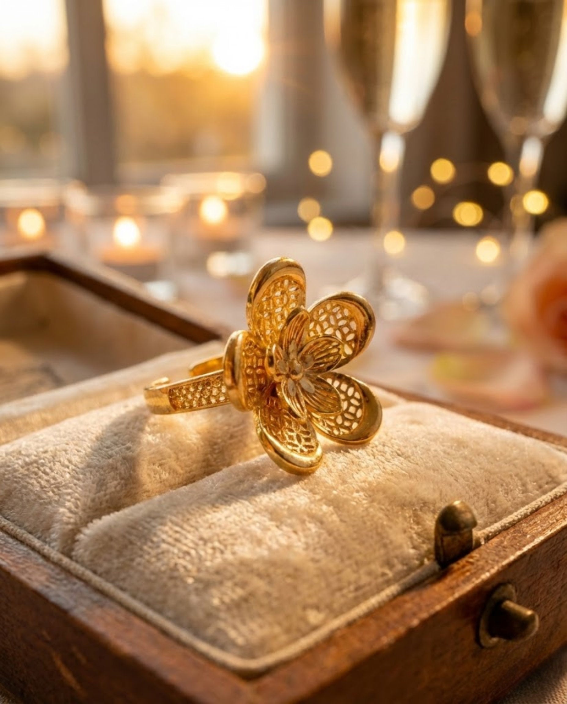 Gold flower ring in a wooden box with blurred candles and glasses in the background