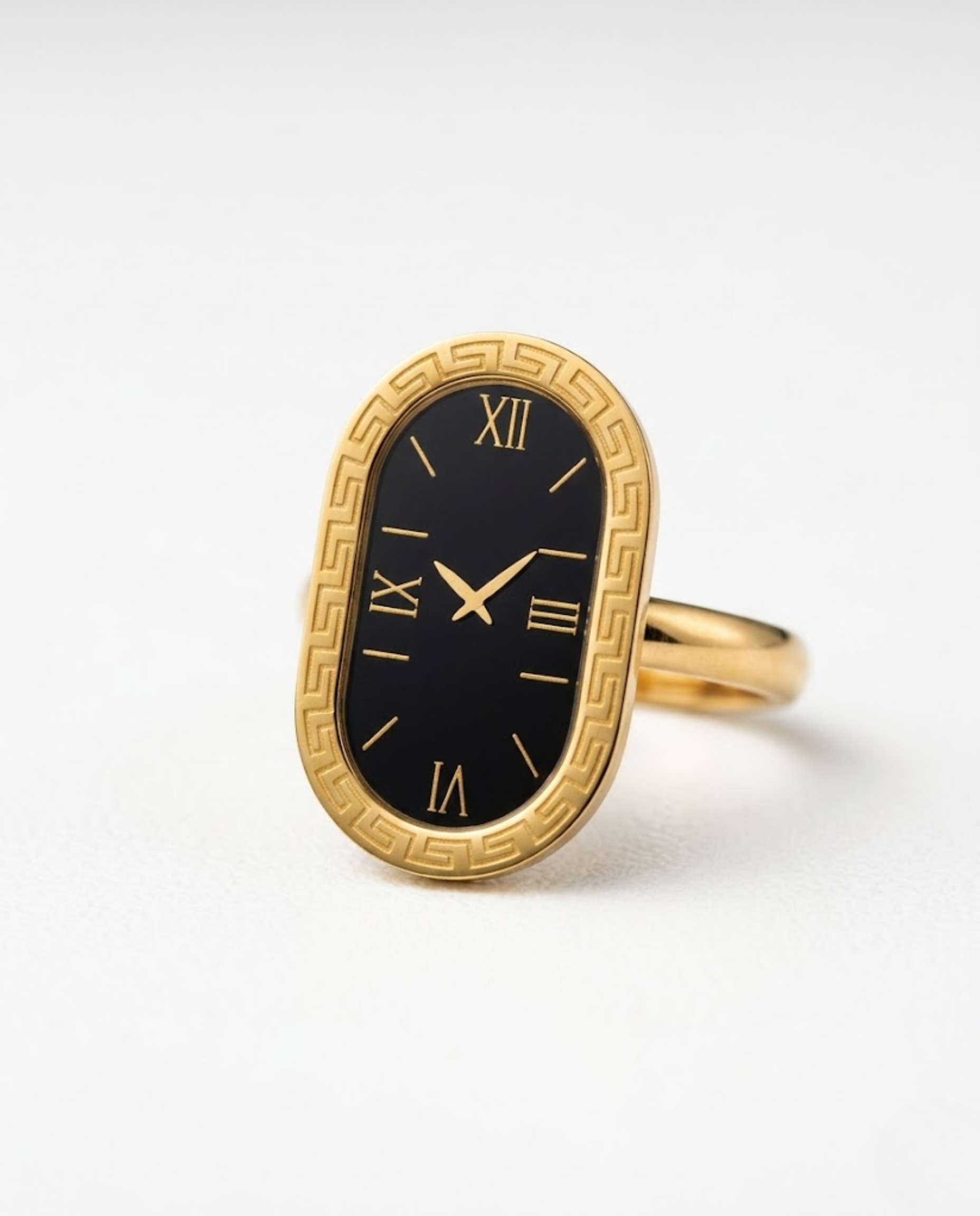 Orneza Vintage Roman Numeral Gold Watch Ring with Black Dial