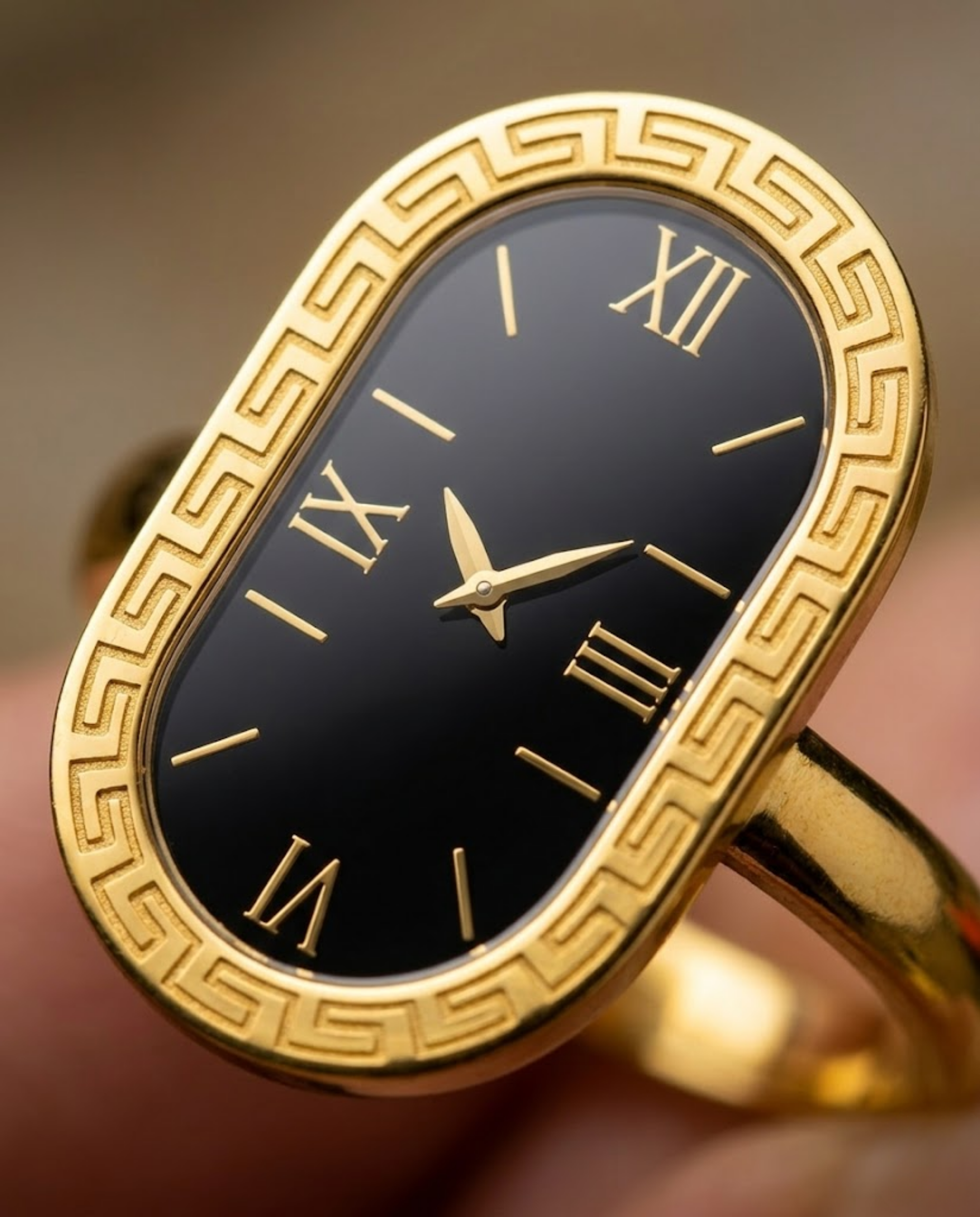 Orneza Vintage Roman Numeral Gold Watch Ring with Black Dial