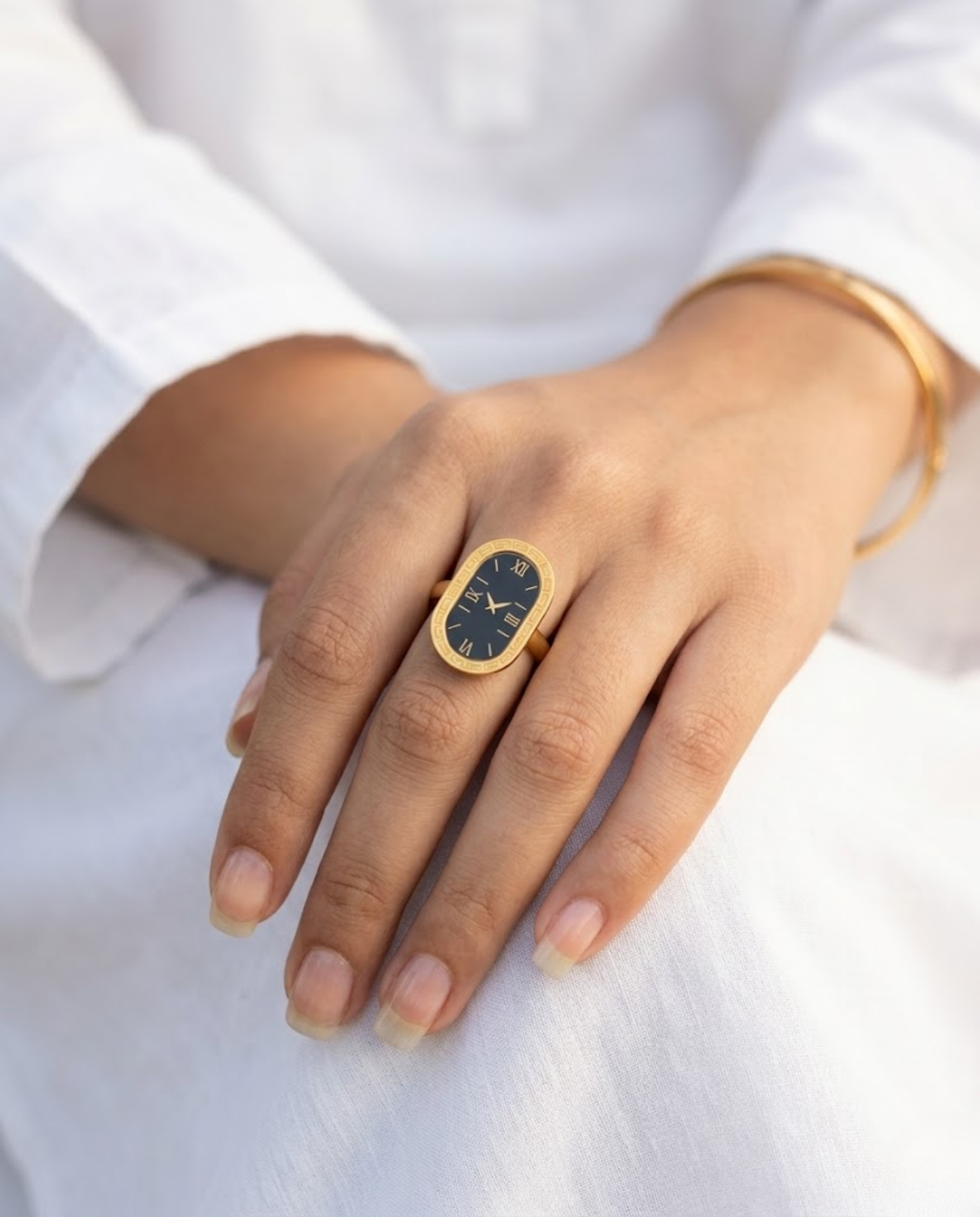 Orneza Vintage Roman Numeral Gold Watch Ring with Black Dial