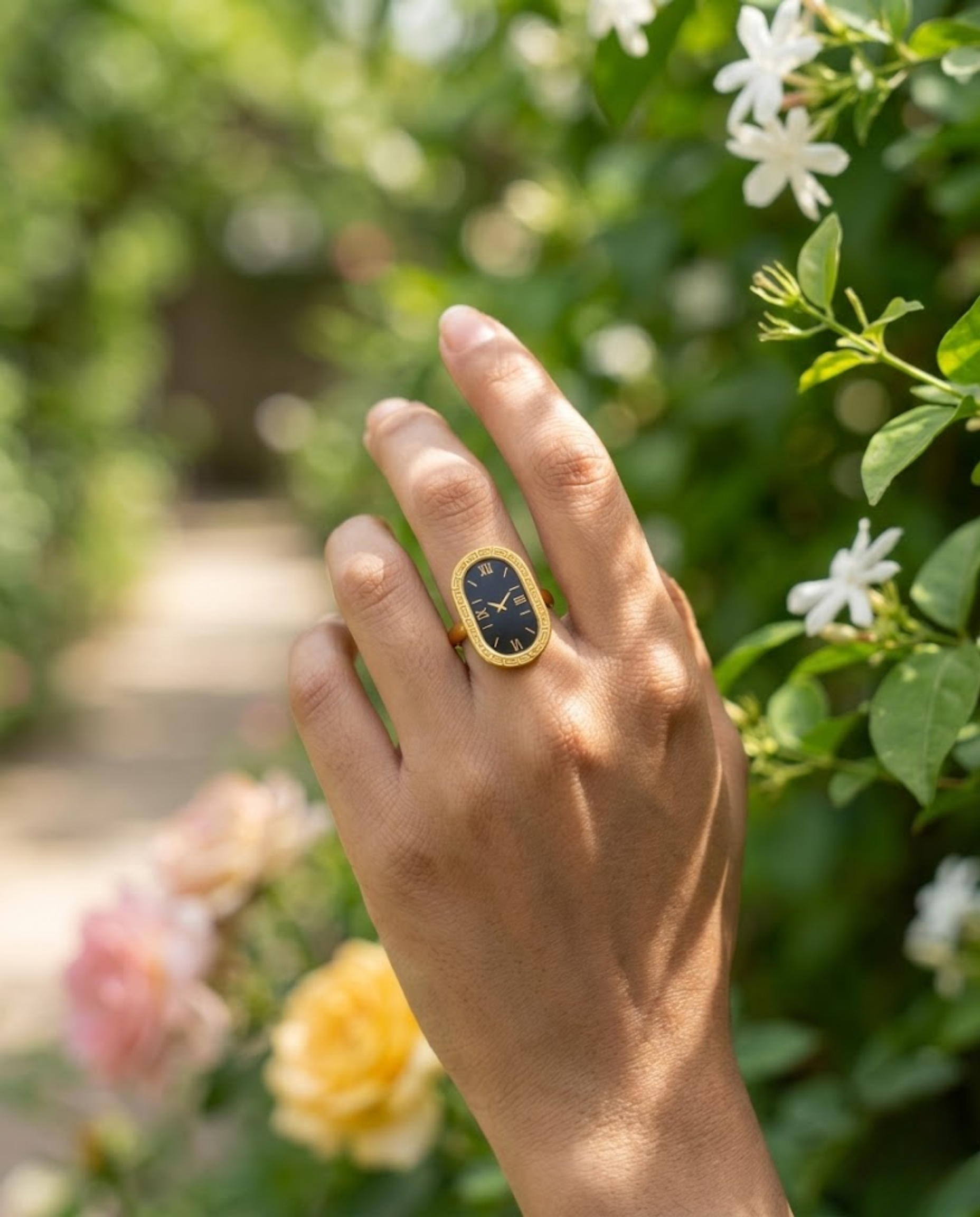 Orneza Vintage Roman Numeral Gold Watch Ring with Black Dial
