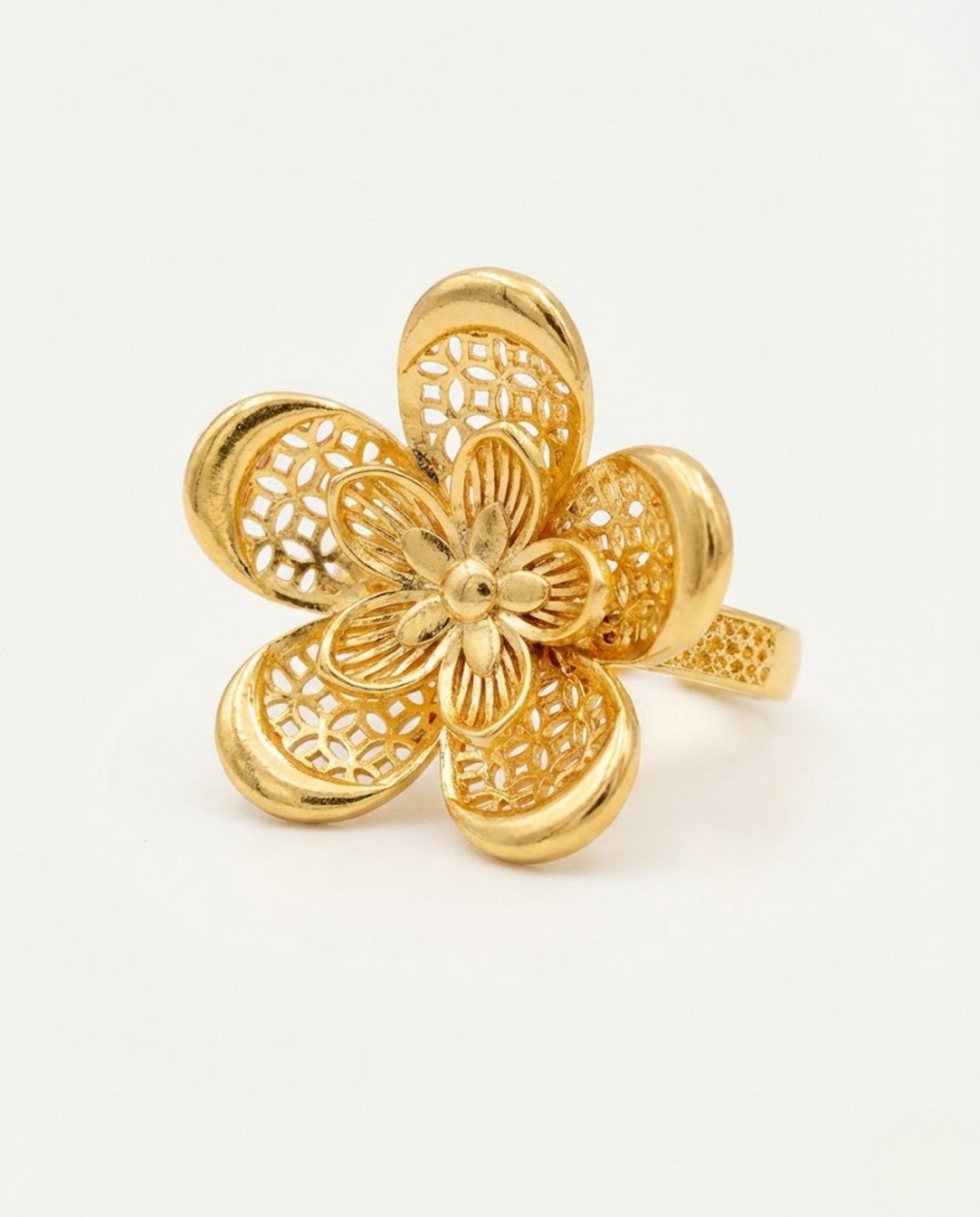 Orneza Gold Filigree Five Petal Floral Statement Ring