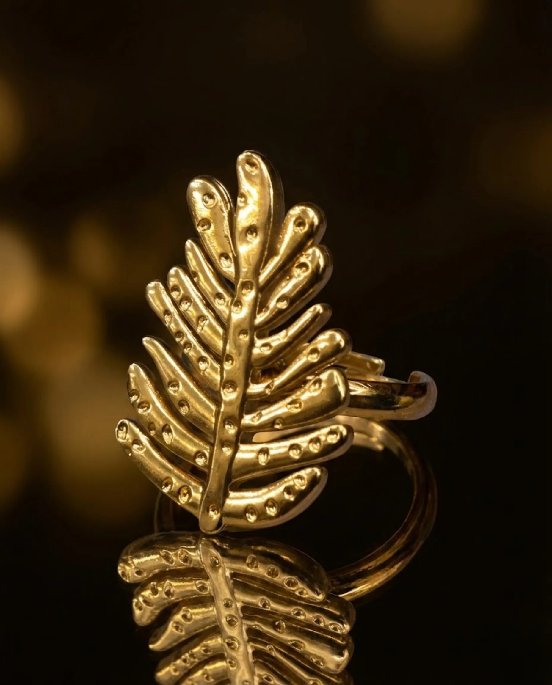 Orneza Botanical Fern Statement Ring - Adjustable Gold