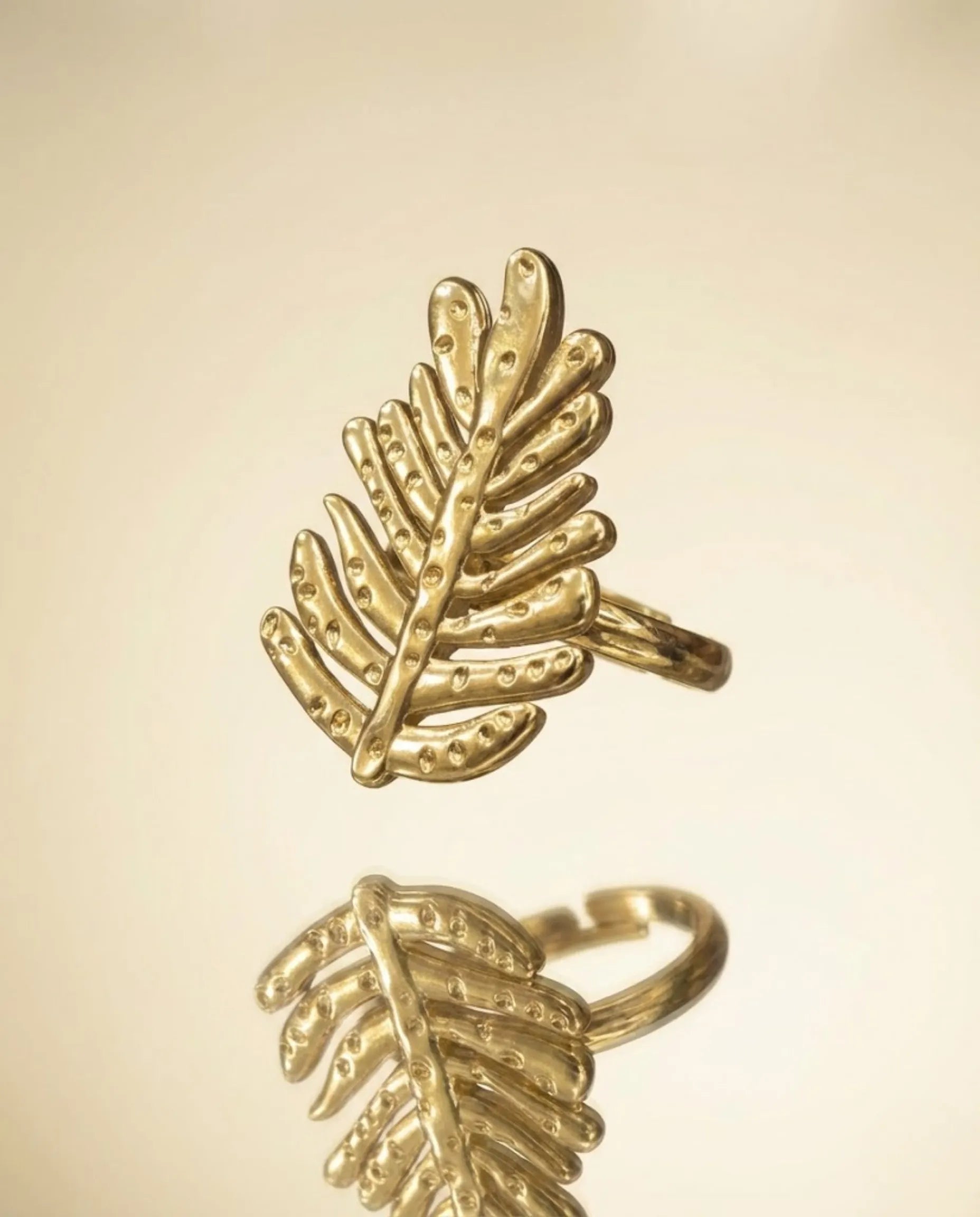 Orneza Botanical Fern Statement Ring - Adjustable Gold