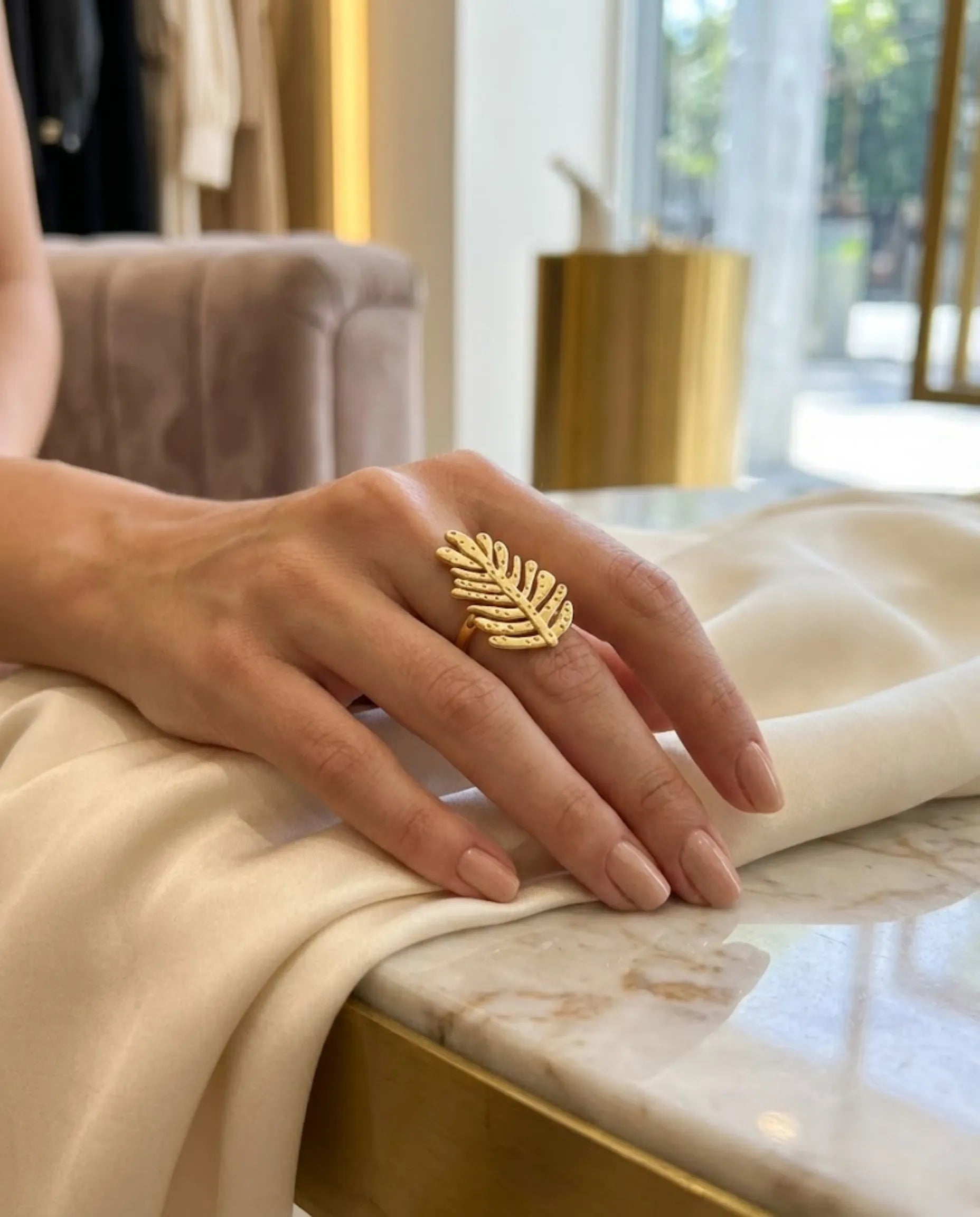 Orneza Botanical Fern Statement Ring - Adjustable Gold