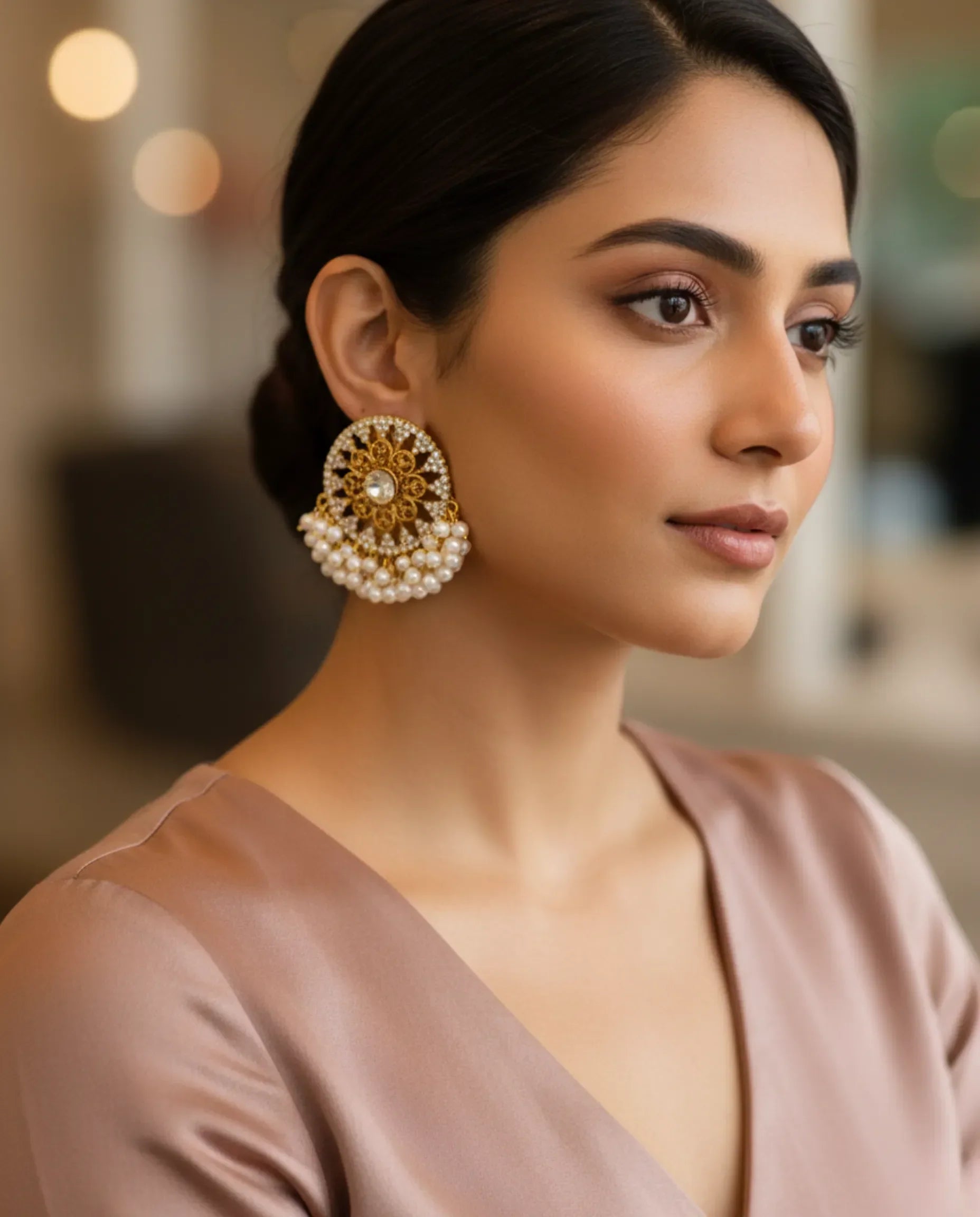 Orneza Pearl Encrusted Gold Chandbali Statement Earrings