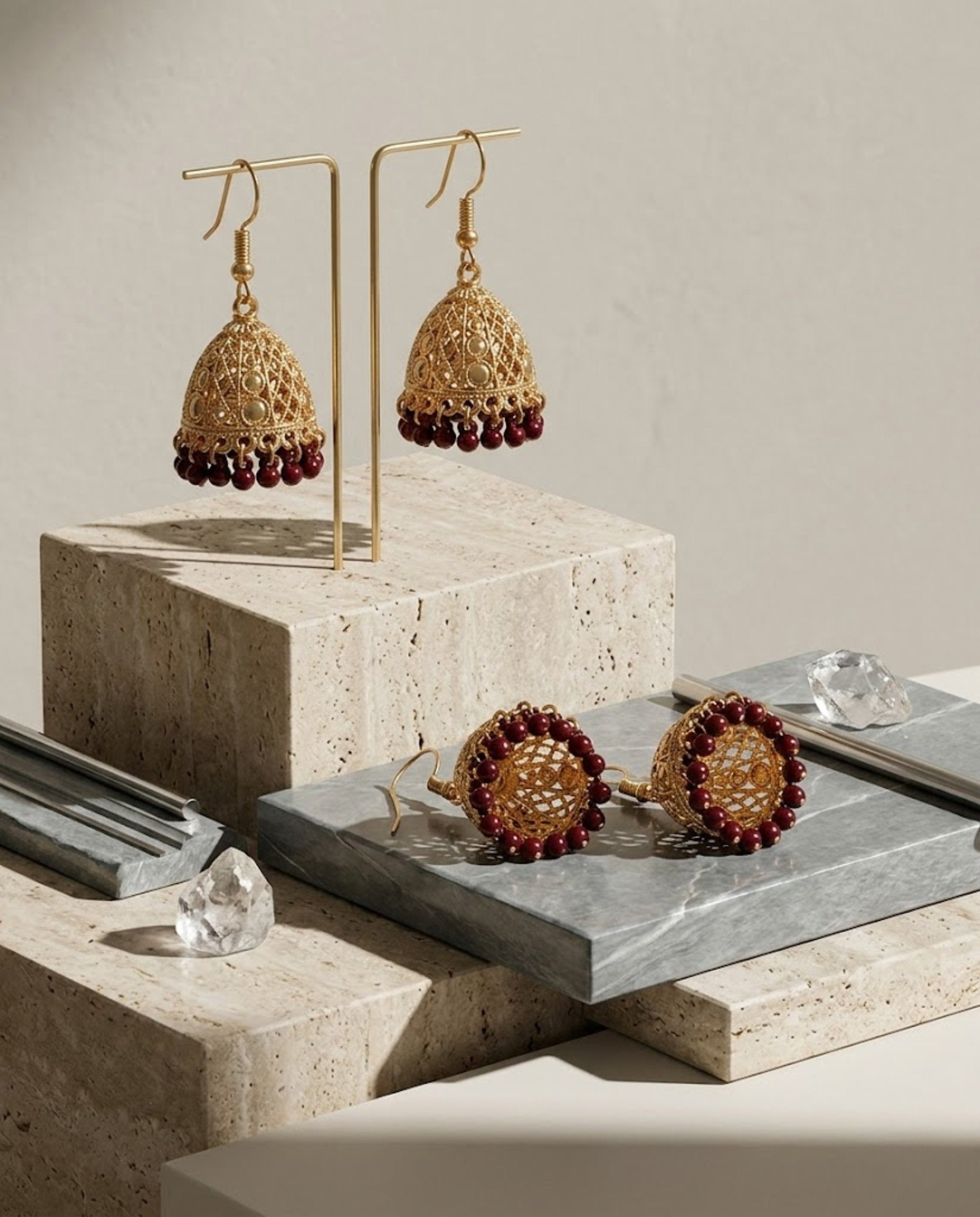 Orneza Gold Filigree Jhumka Earrings with Ruby Red Beads