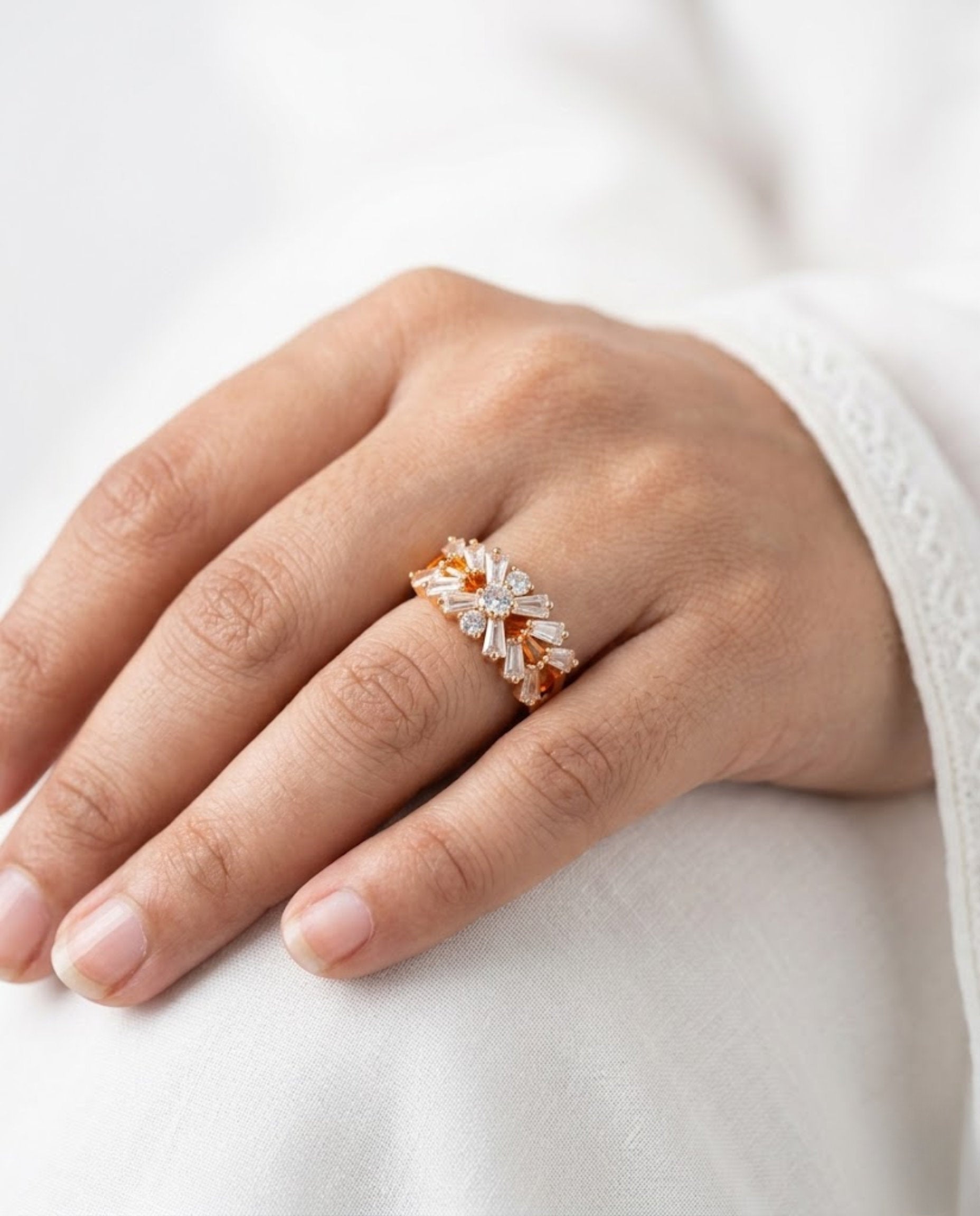 Orneza Gold Baguette and Amber Crystal Statement Ring