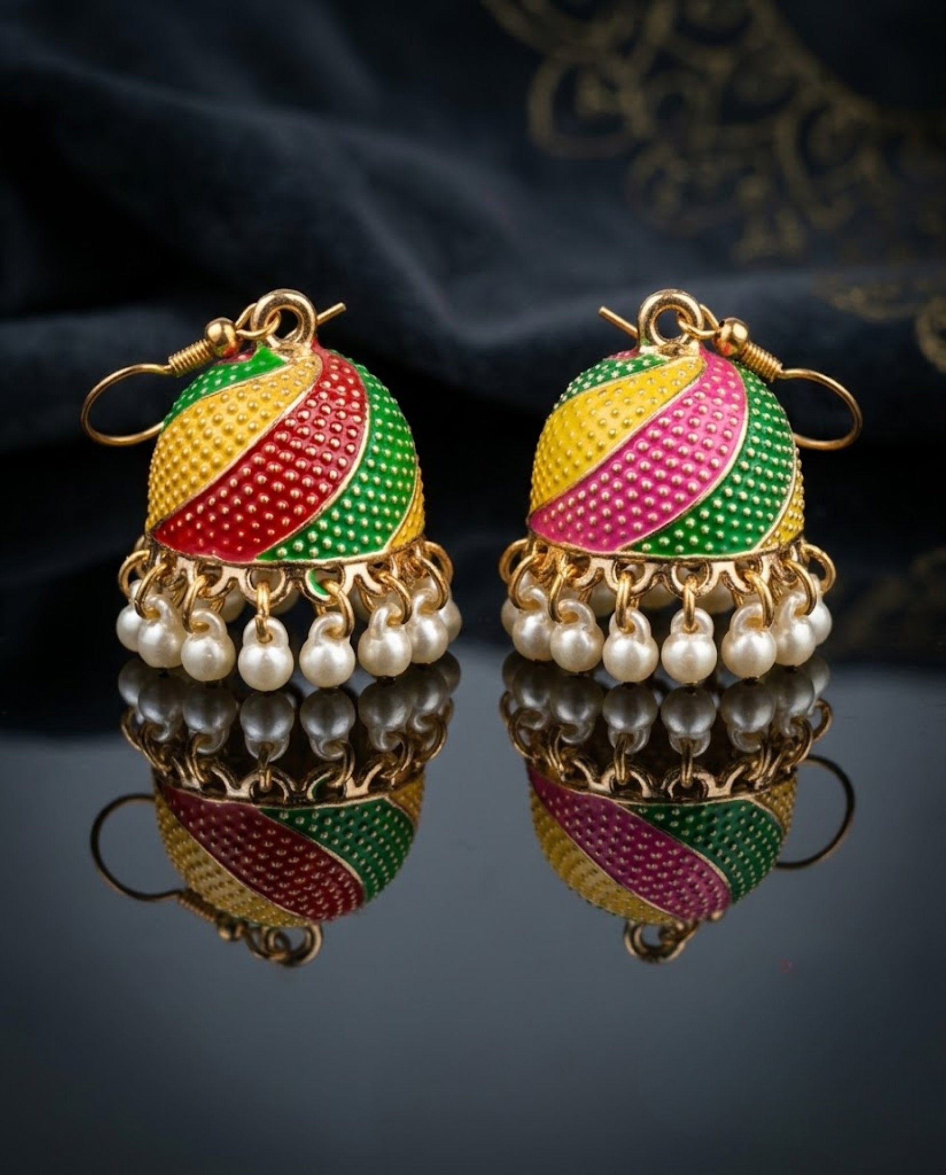 Orneza Multi-Color Meenakari Jhumka Earrings with Pearls