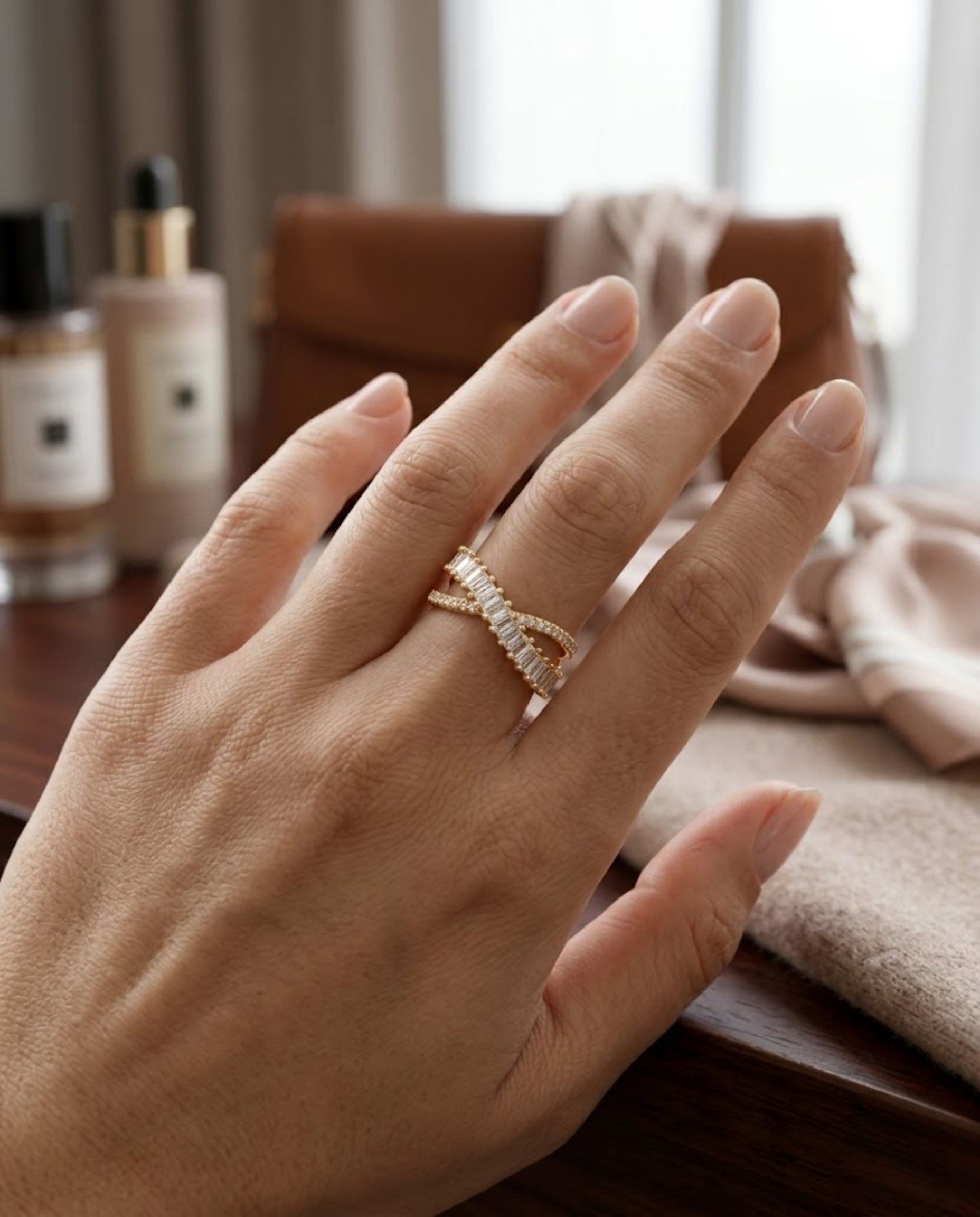 Orneza X-Cross Baguette Zircon Gold Plated Ring