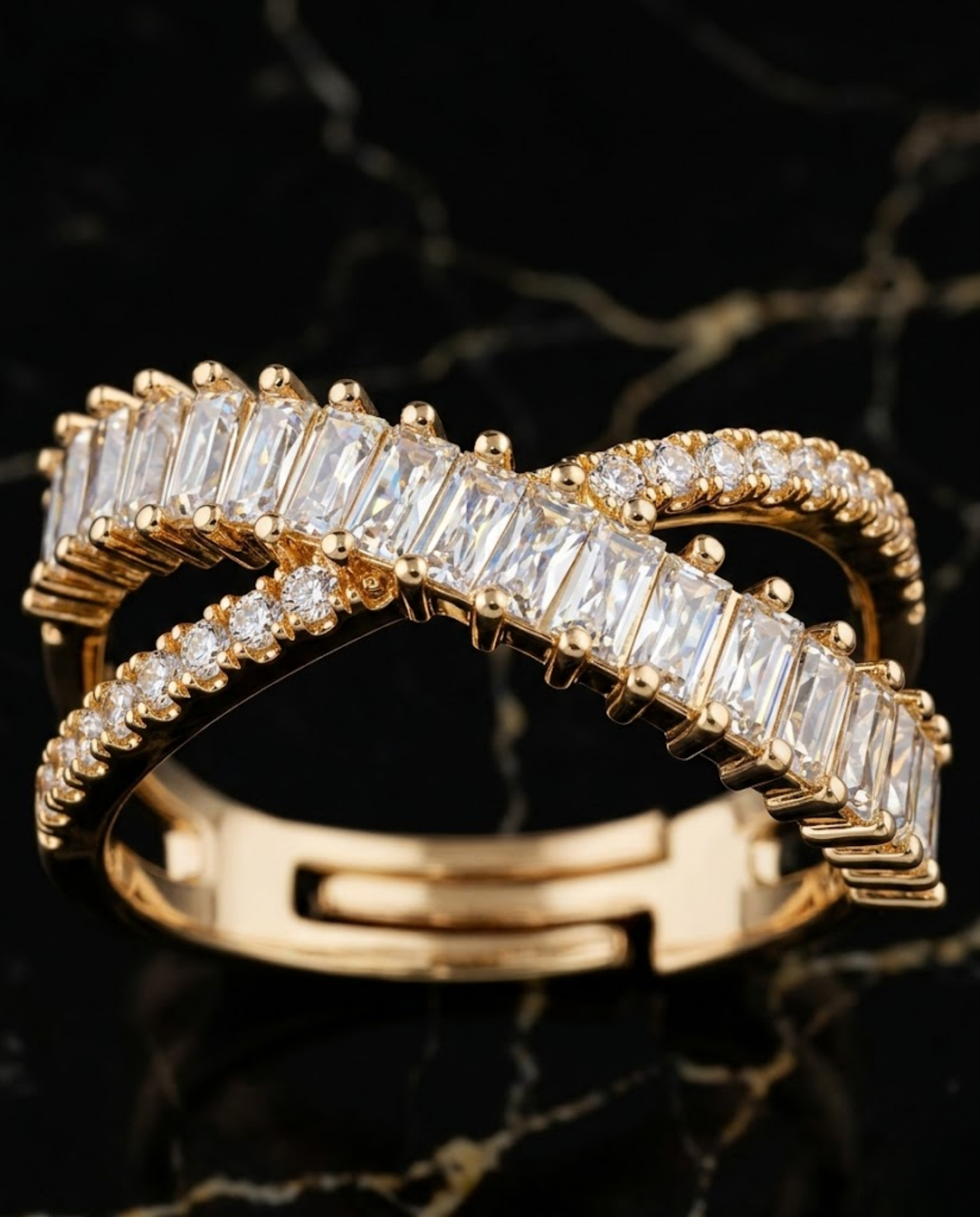 Orneza X-Cross Baguette Zircon Gold Plated Ring