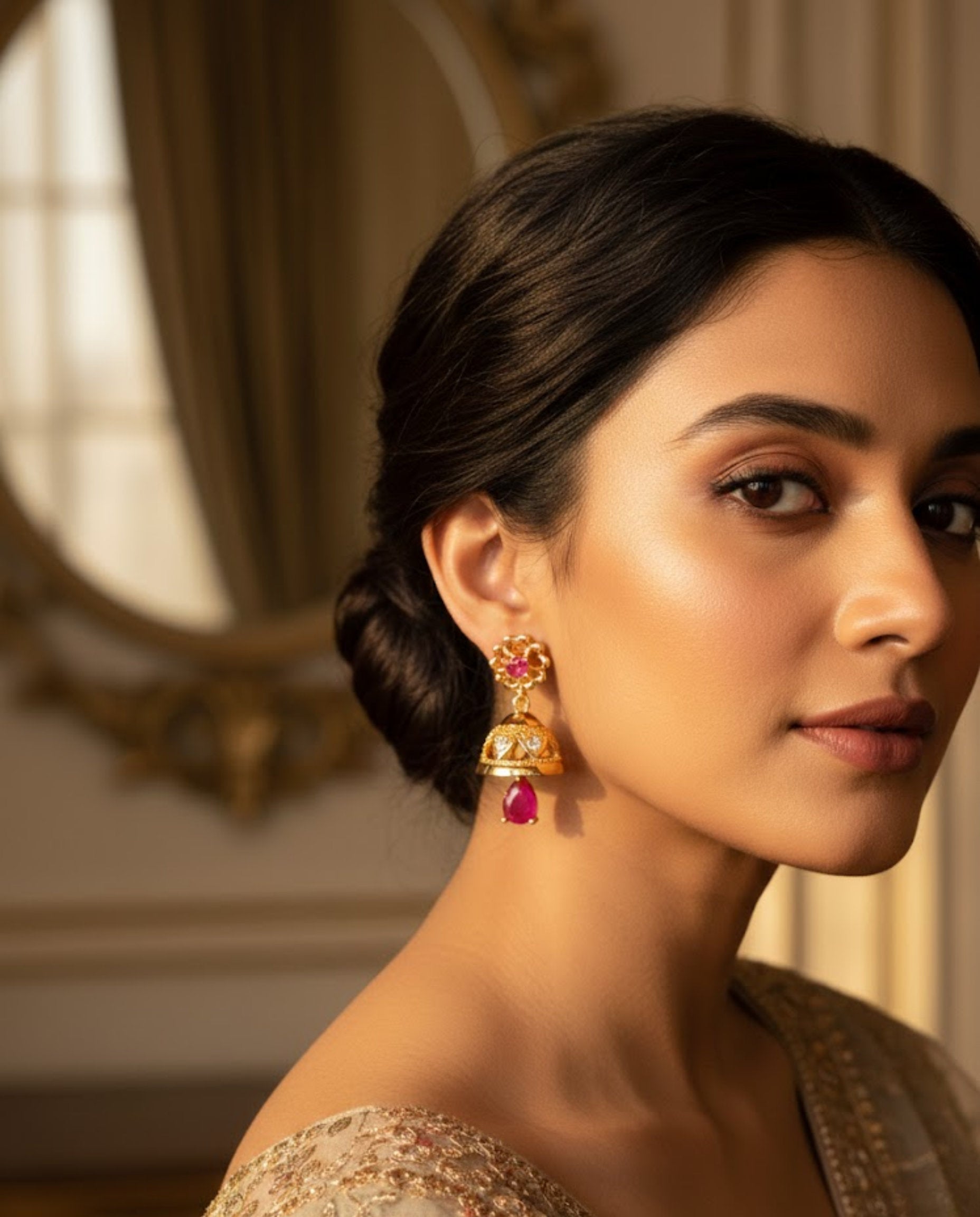 Orneza Royal Ruby Gold Jhumka Earrings