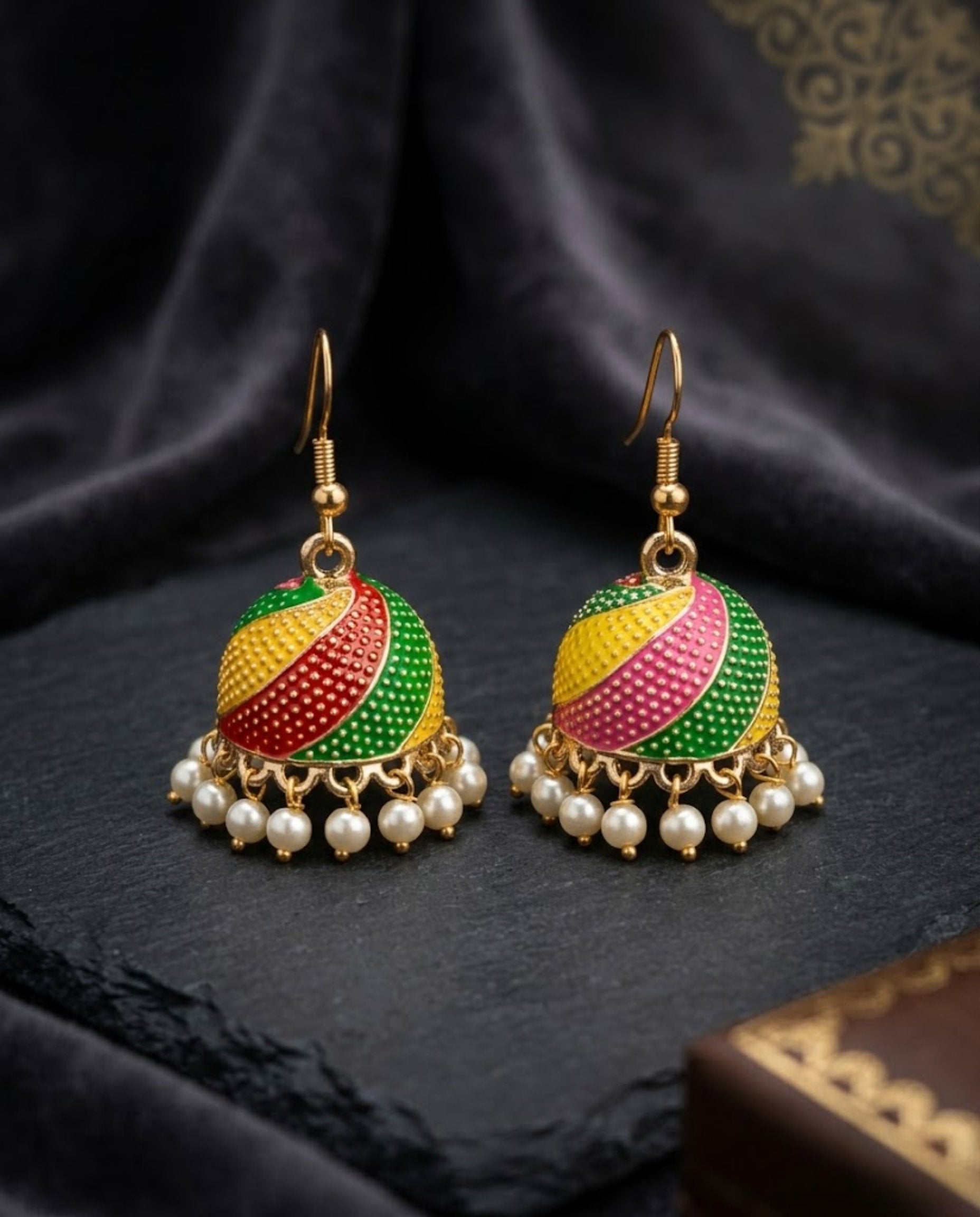 Orneza Multi-Color Meenakari Jhumka Earrings with Pearls